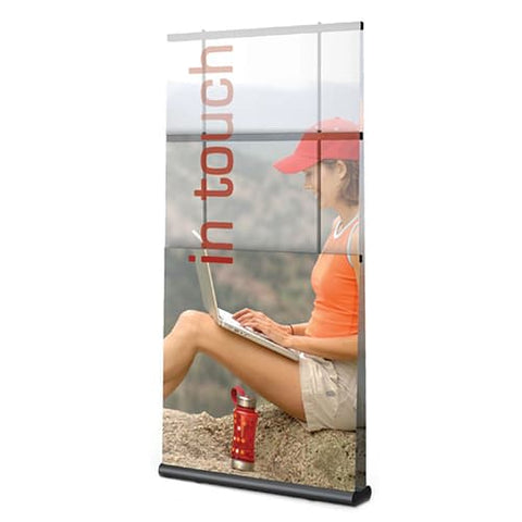 Floor retractable banner stand with printed graphic