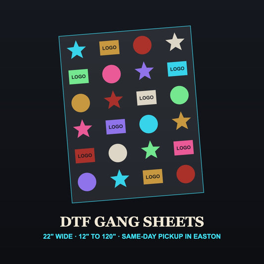 DTF transfer sheets, 14 x 16 inch, printed by Vinyl Press USA