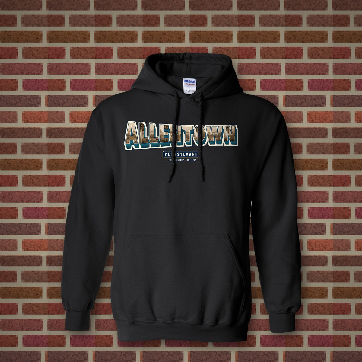 Allentown postcard letters design on a black hoodie, Vinyl Press Originals
