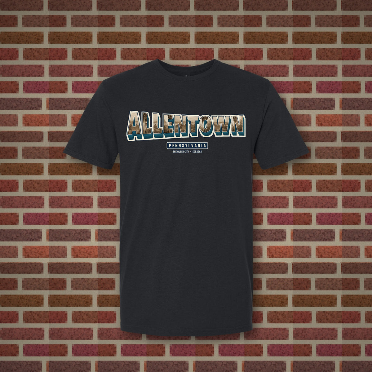 Allentown postcard letters design on a black tee, Vinyl Press Originals