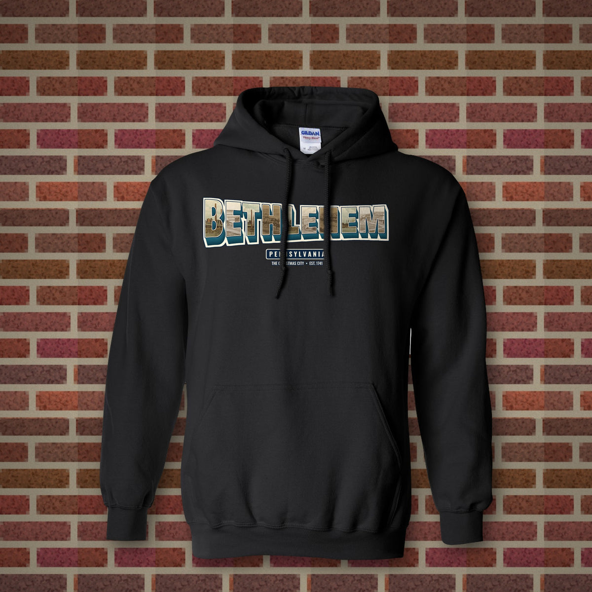 Bethlehem postcard letters design on a black hoodie, Vinyl Press Originals
