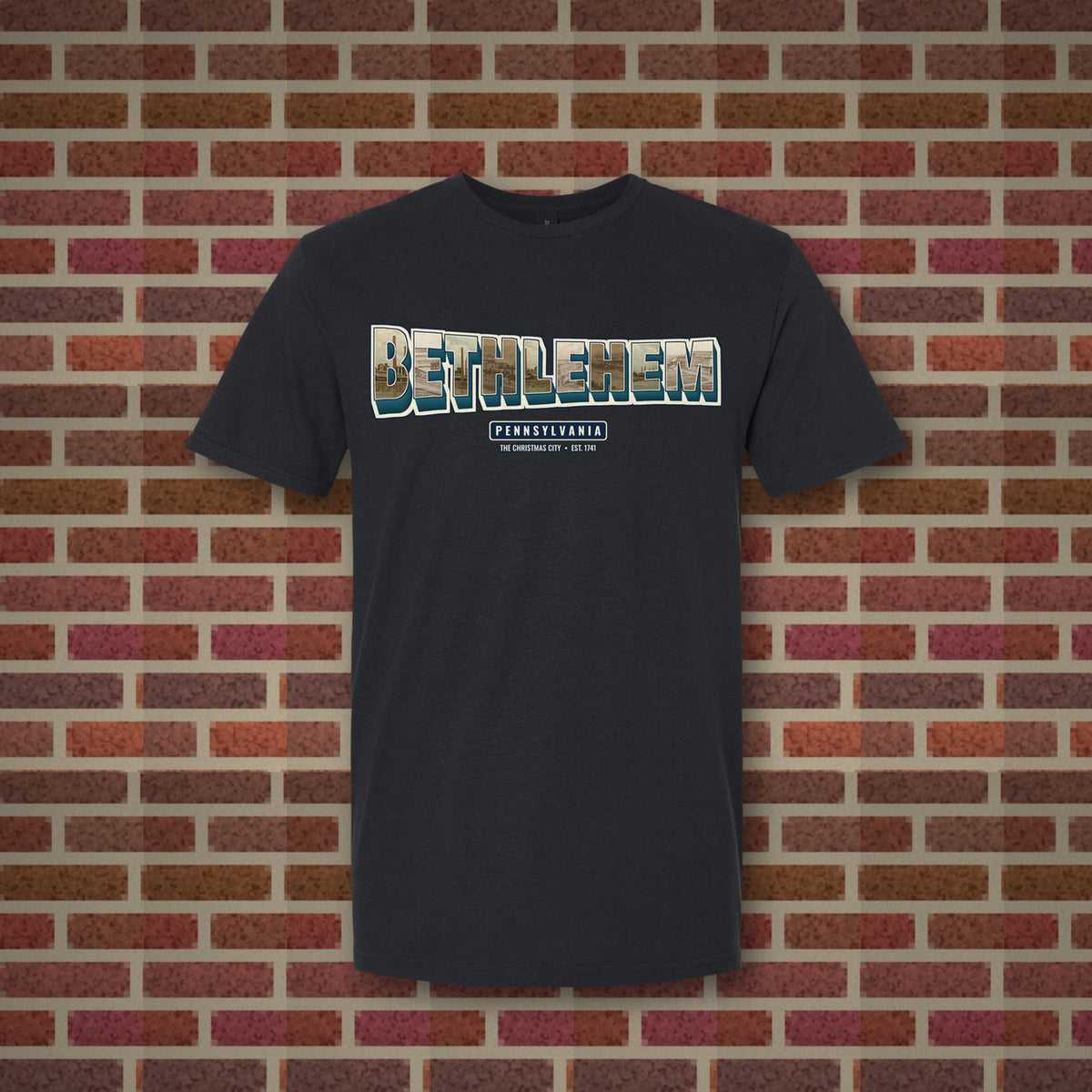 Bethlehem postcard letters design on a black tee, Vinyl Press Originals