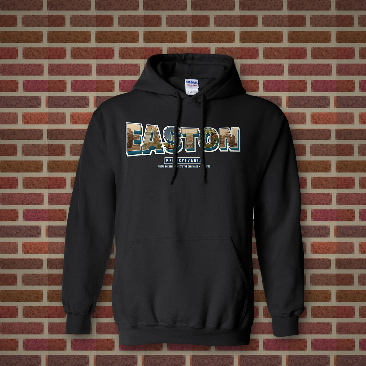 Easton postcard letters design on a black hoodie, Vinyl Press Originals