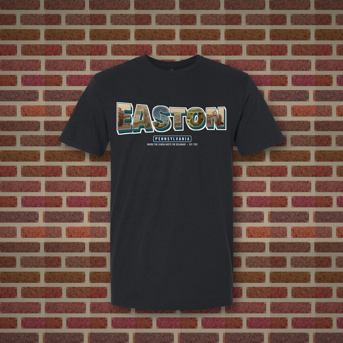 Easton postcard letters design on a black tee, Vinyl Press Originals