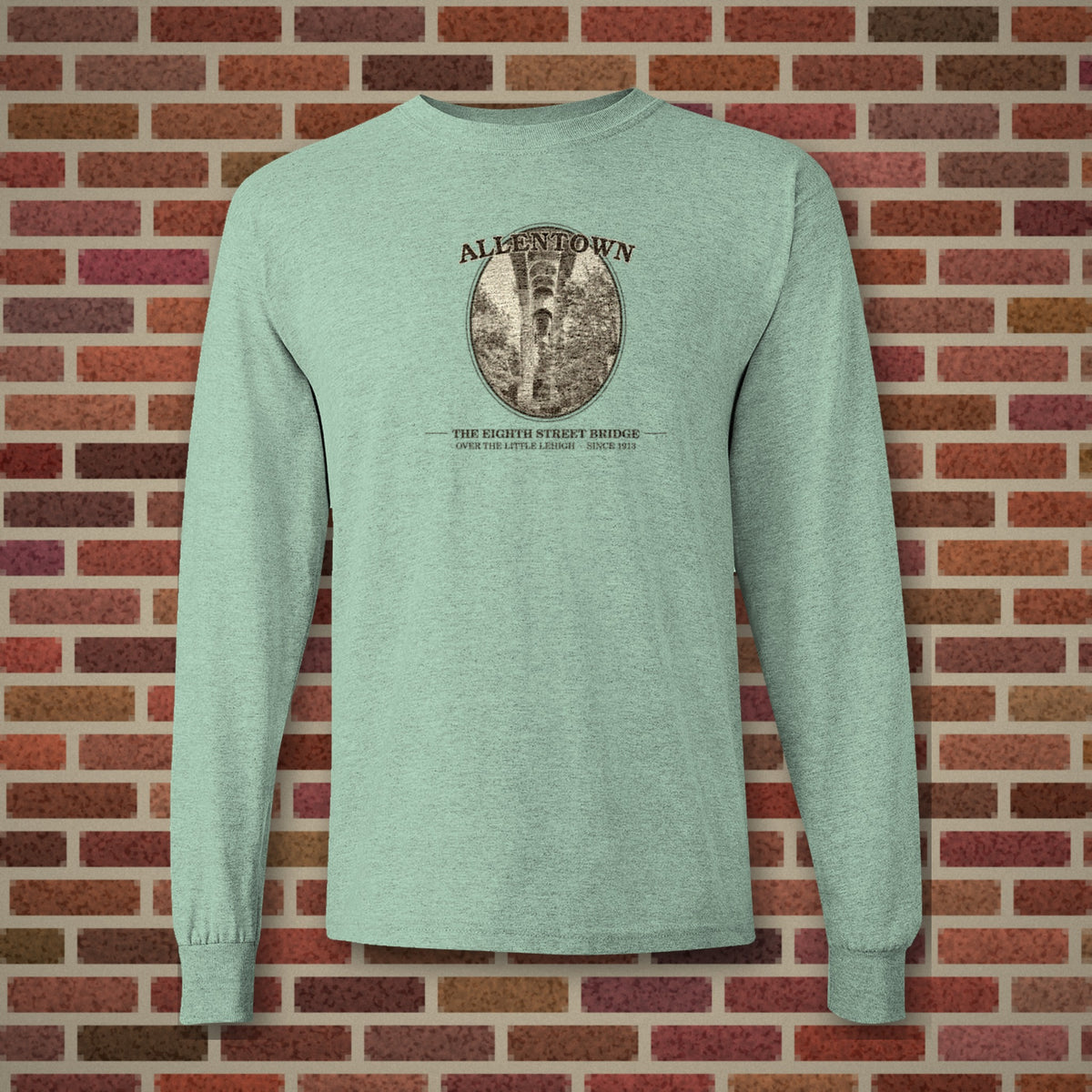Allentown Eighth Street Bridge design on a sage long sleeve, Vinyl Press Originals