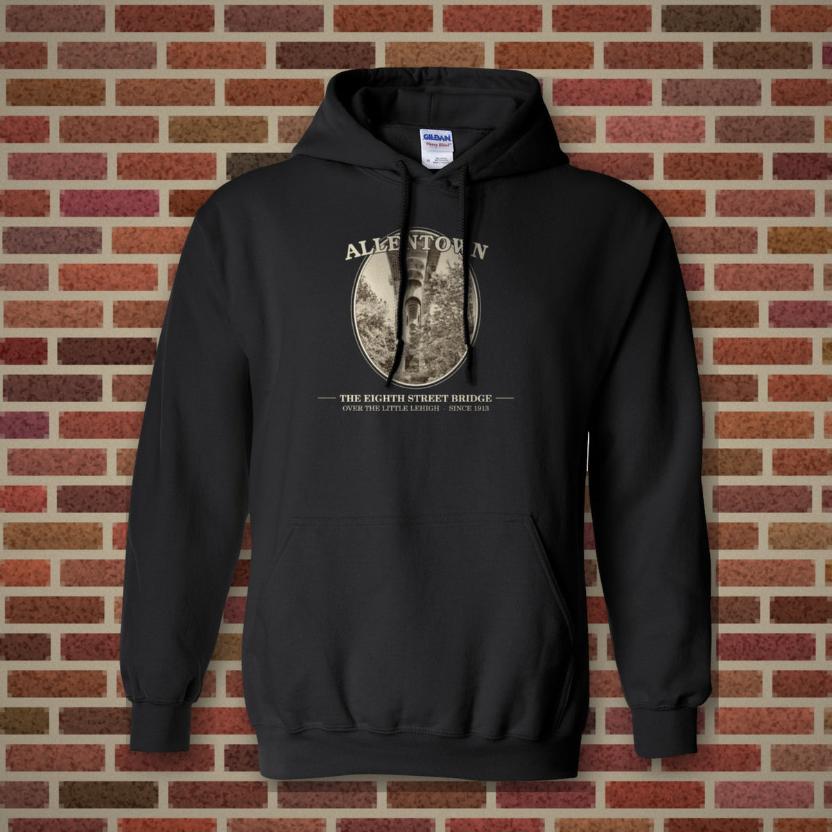 Allentown Eighth Street Bridge design on a black hoodie, Vinyl Press Originals