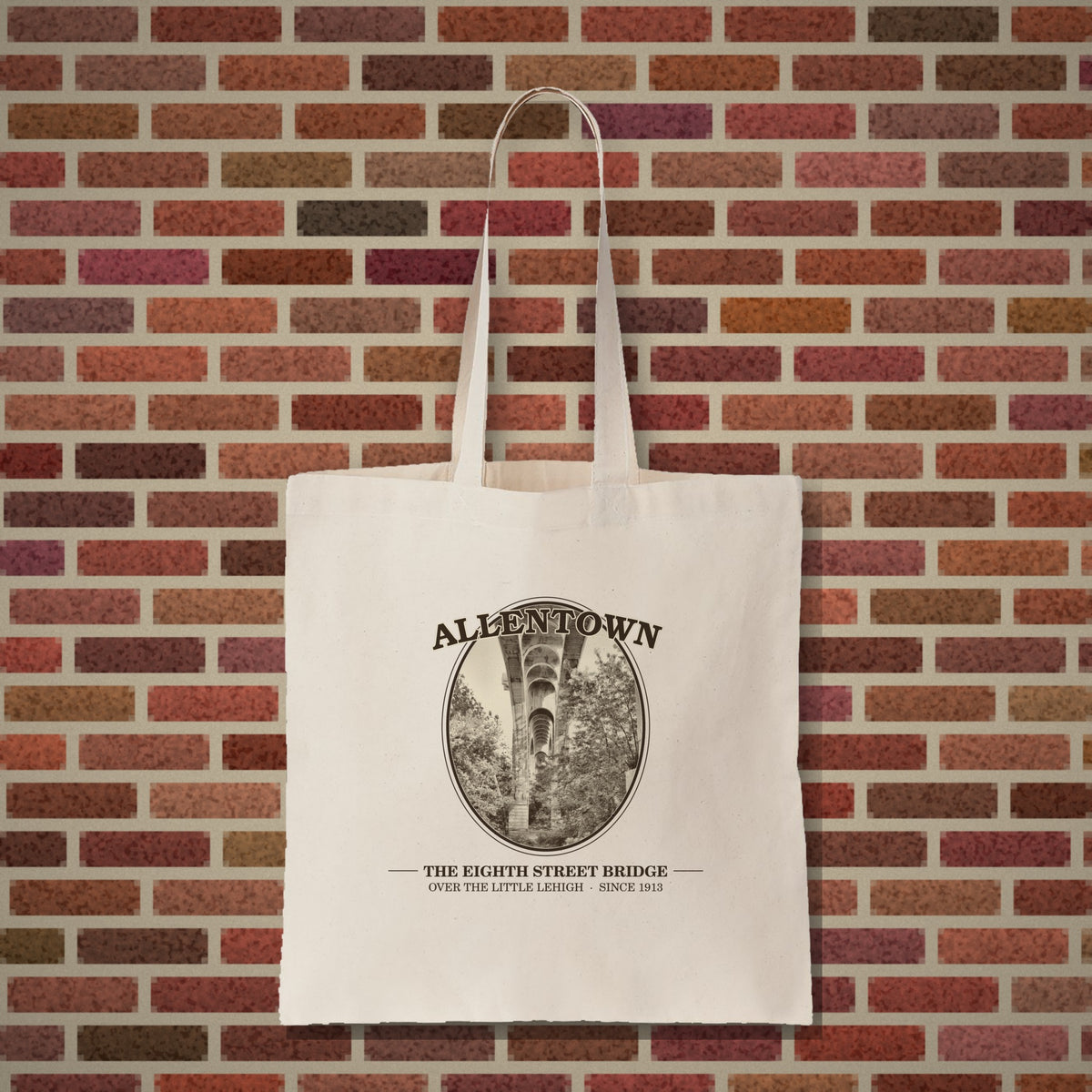 Allentown Eighth Street Bridge design on a natural tote, Vinyl Press Originals