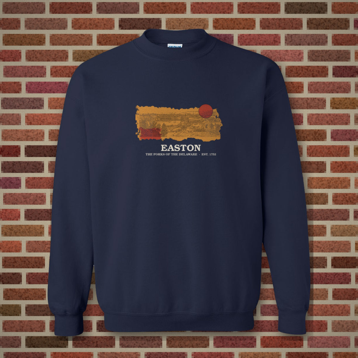 Easton Forks of the Delaware design on a navy crewneck, Vinyl Press Originals