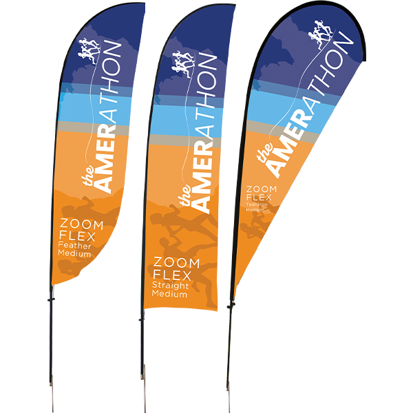 Feather flags in three shapes with printed graphics